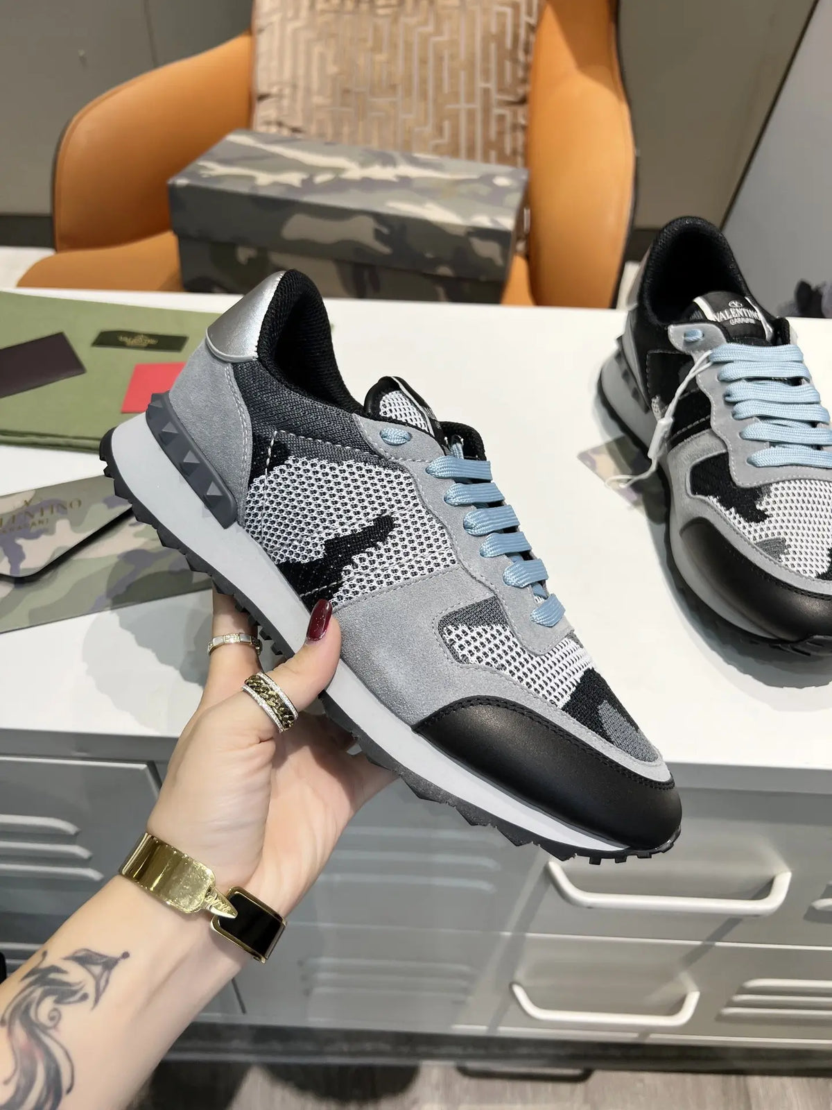 Valentino Rockrunner Grey Black Camouflage Sneakers