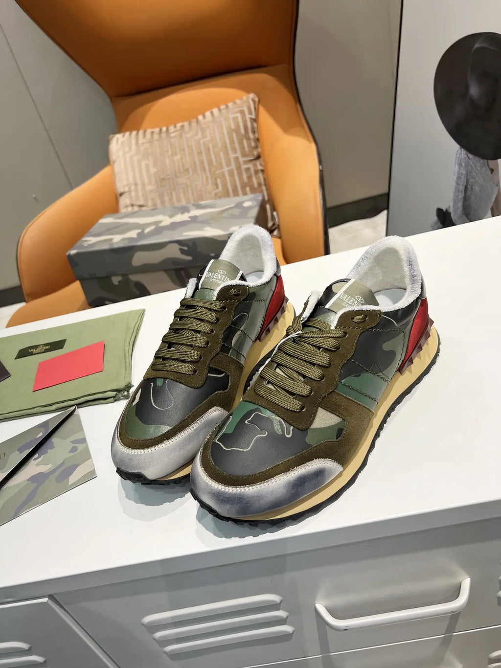 Valentino Rockrunner Green Camo Red Sneakers