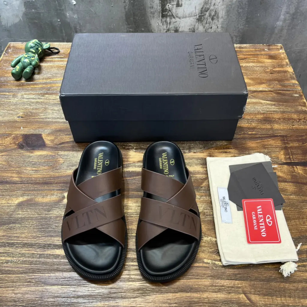 Valentino Garavani Brown Black Slide Sandals
