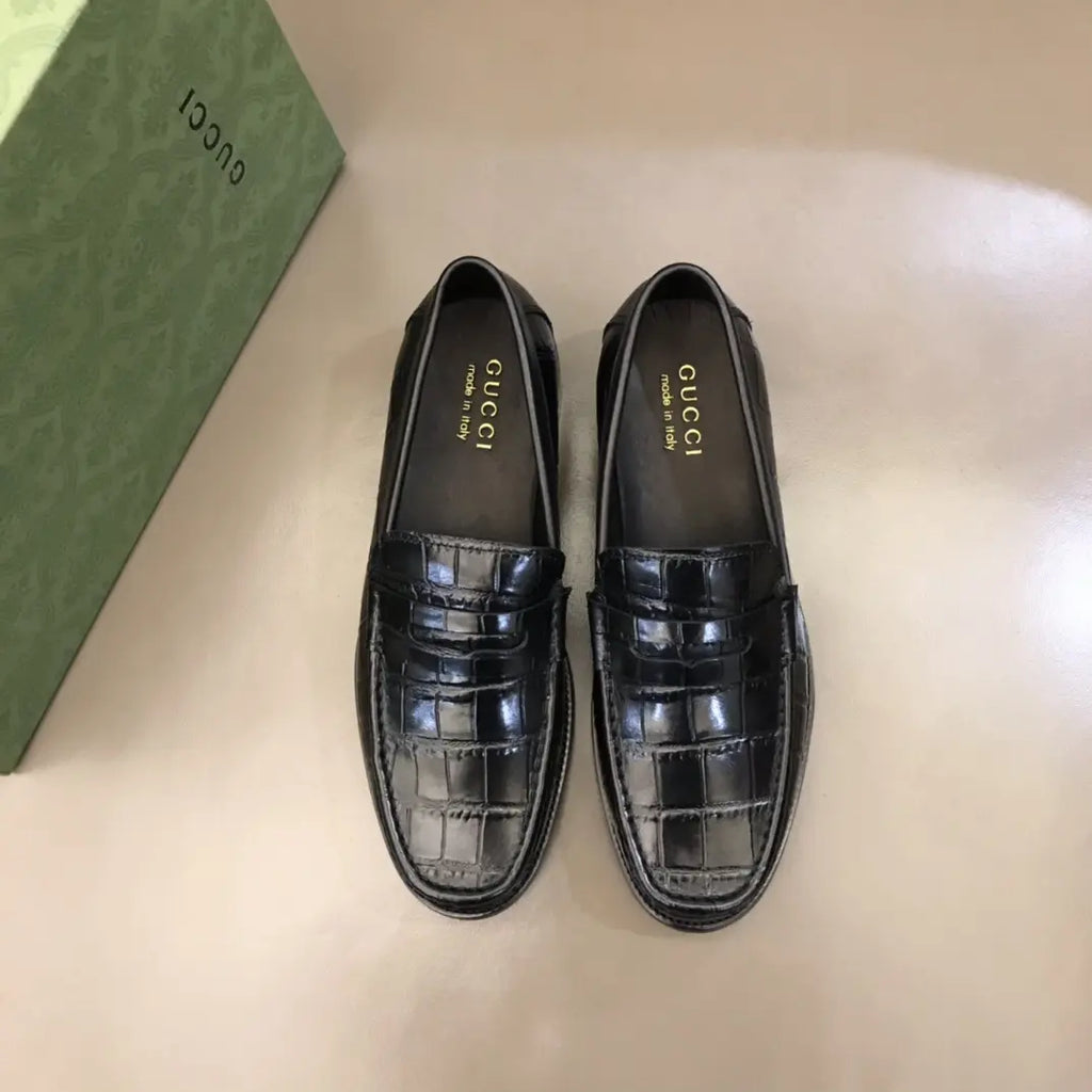 Gucci Crocodile Skin Black Leather Loafers