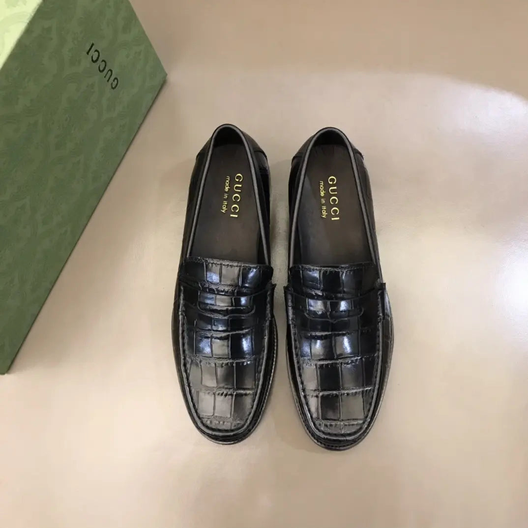 Gucci Crocodile Skin Black Leather Loafers