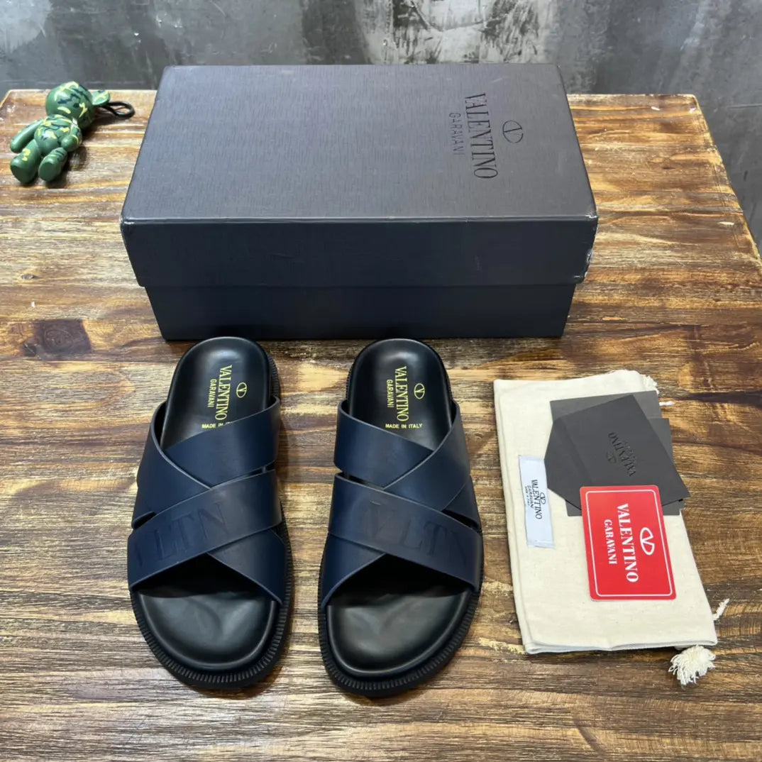 Valentino Garavani Navy Blue Cross Slides