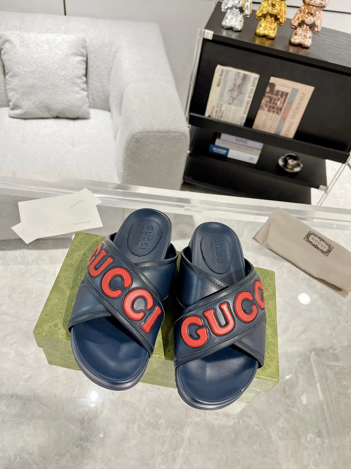 Gucci Blue Red Logo Print Slides