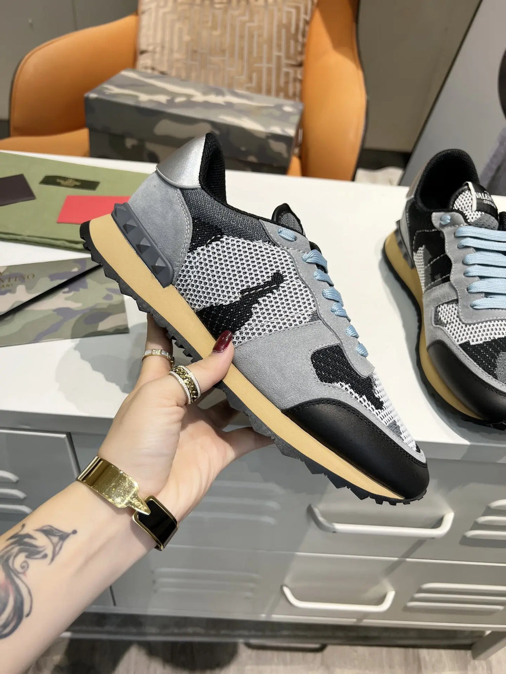 Valentino Rockrunner Camo Grey Black Sneakers