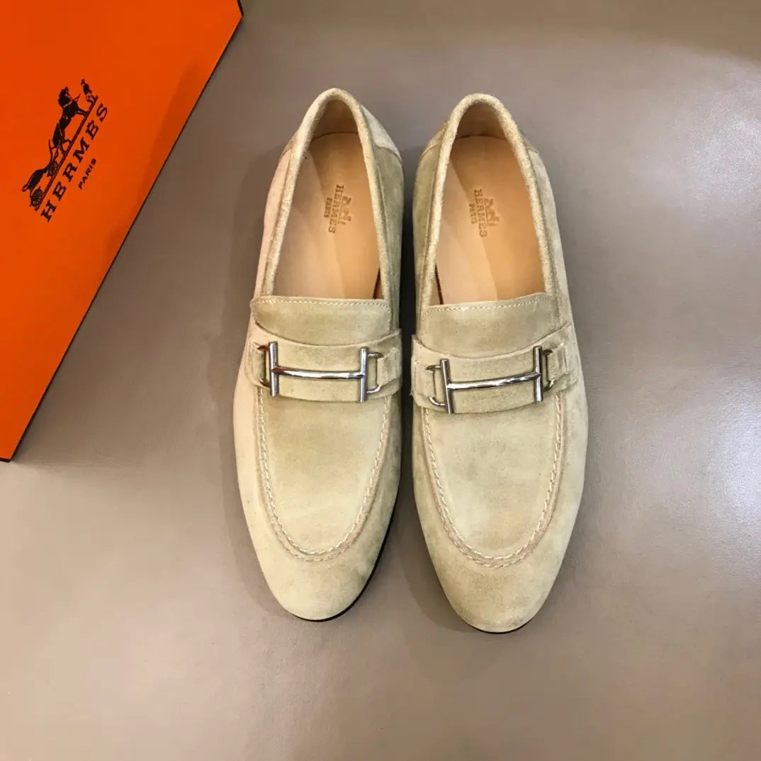 Hermes Light Beige Suede Buckle Loafers