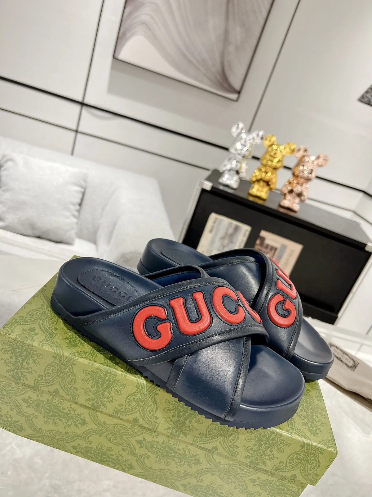 Gucci Blue Red Logo Print Slides