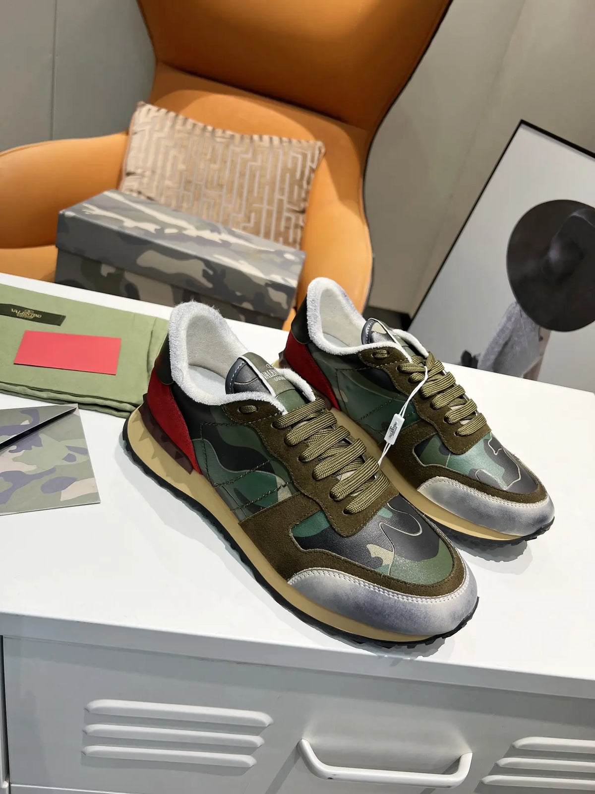 Valentino Rockrunner Green Camo Red Sneakers