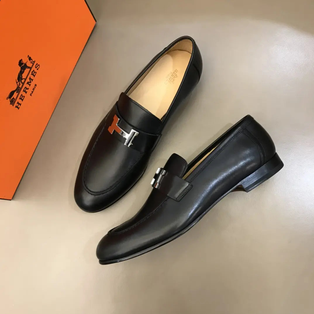 Hermès H Buckle Black Leather Loafers