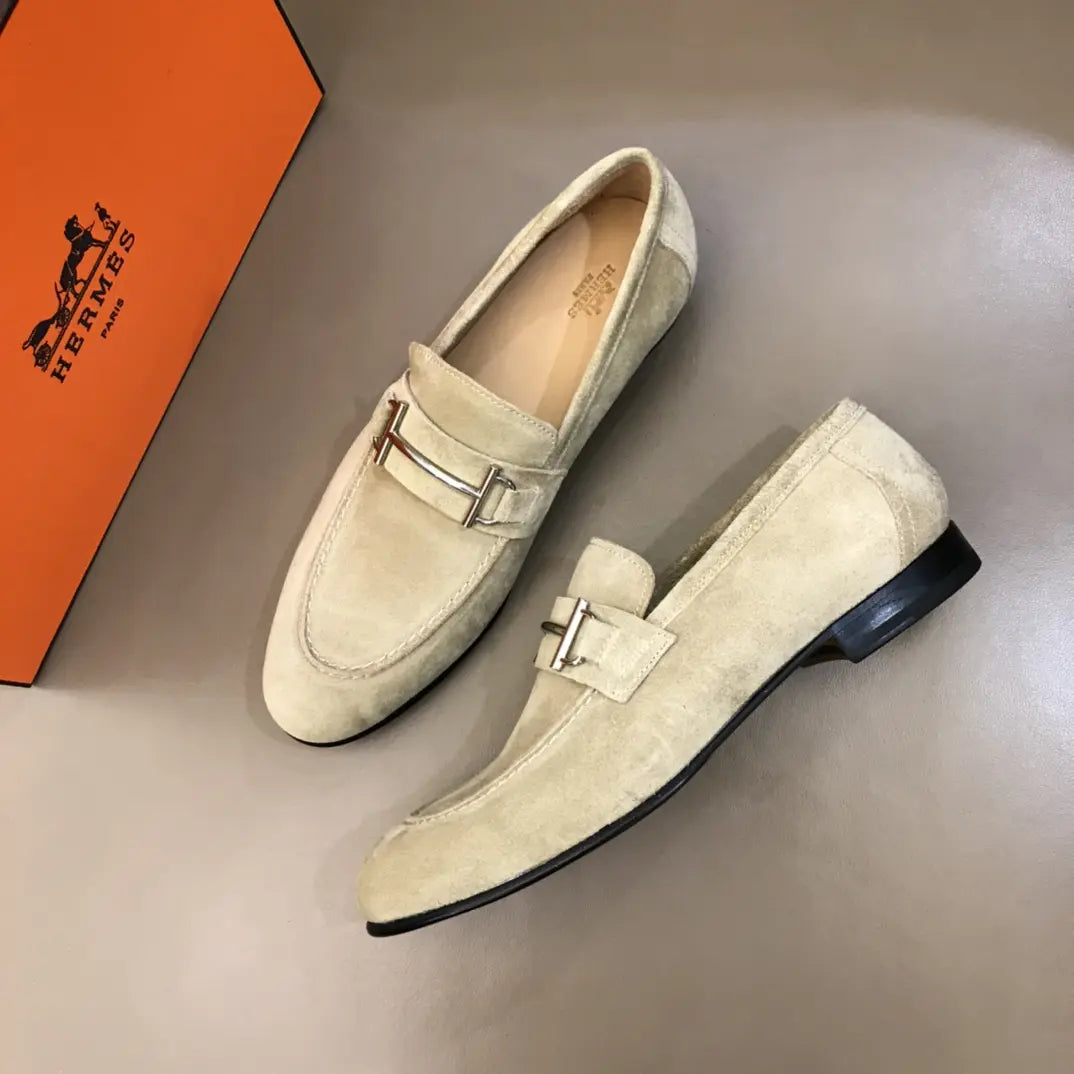 Hermes Light Beige Suede Buckle Loafers