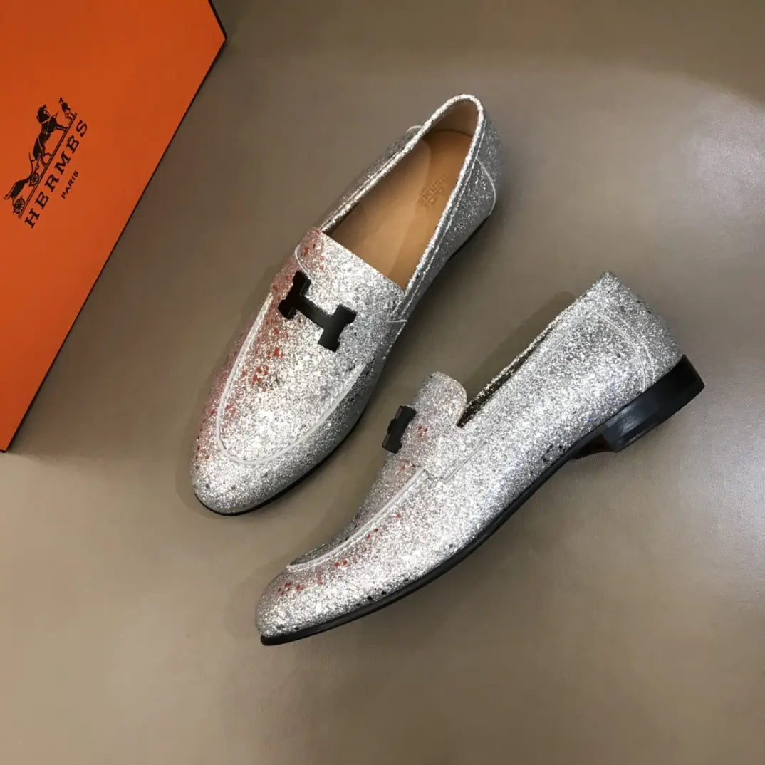 Hermes Paris H Silver Glitter Loafers