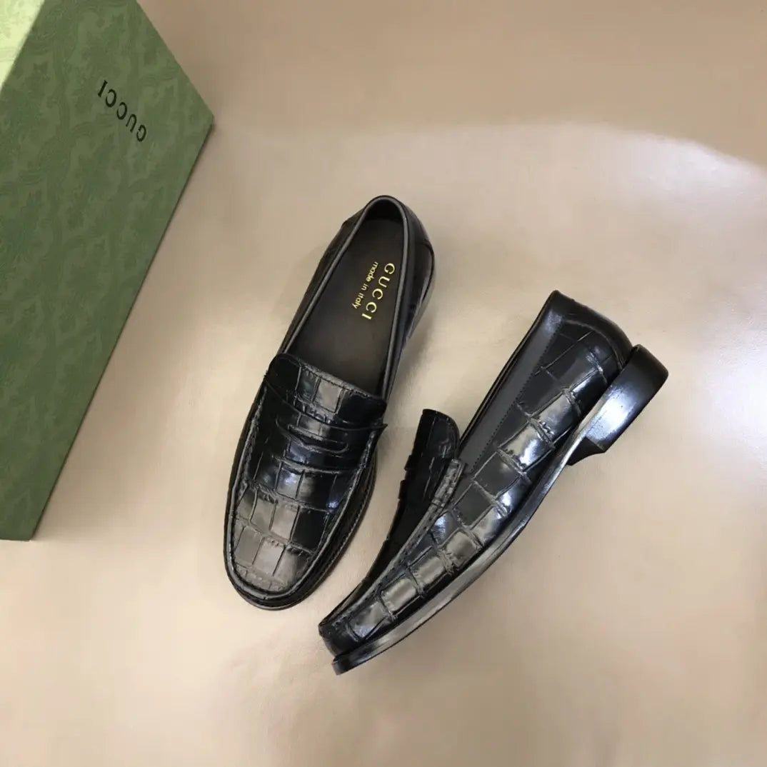 Gucci Crocodile Skin Black Leather Loafers