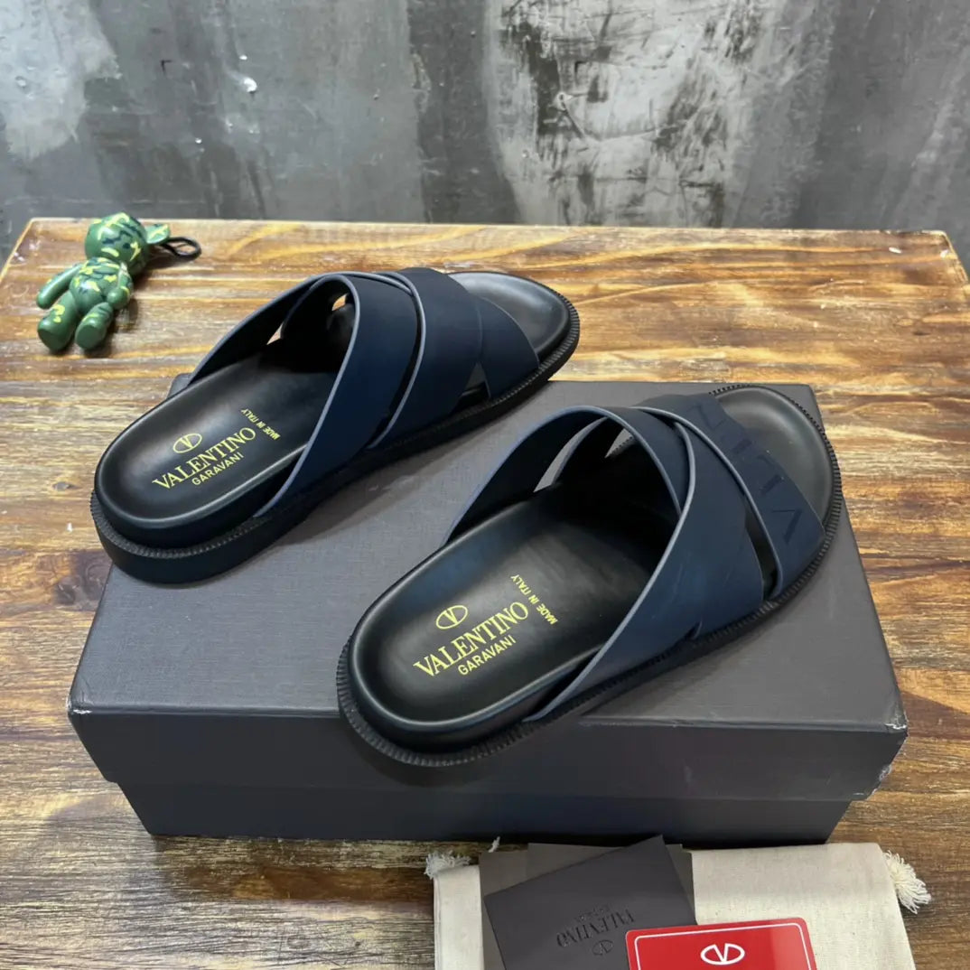 Valentino Garavani Navy Blue Cross Slides