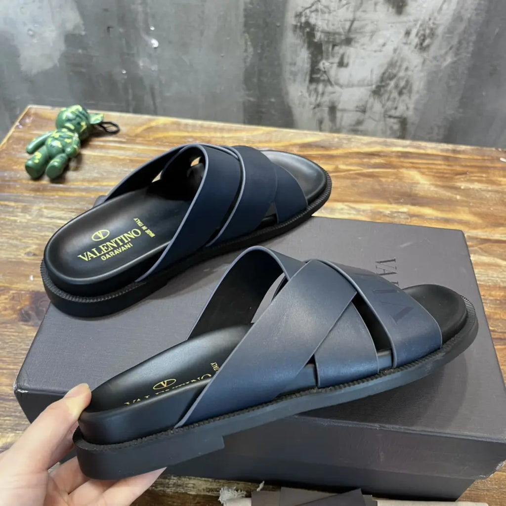 Valentino Garavani Navy Blue Cross Slides