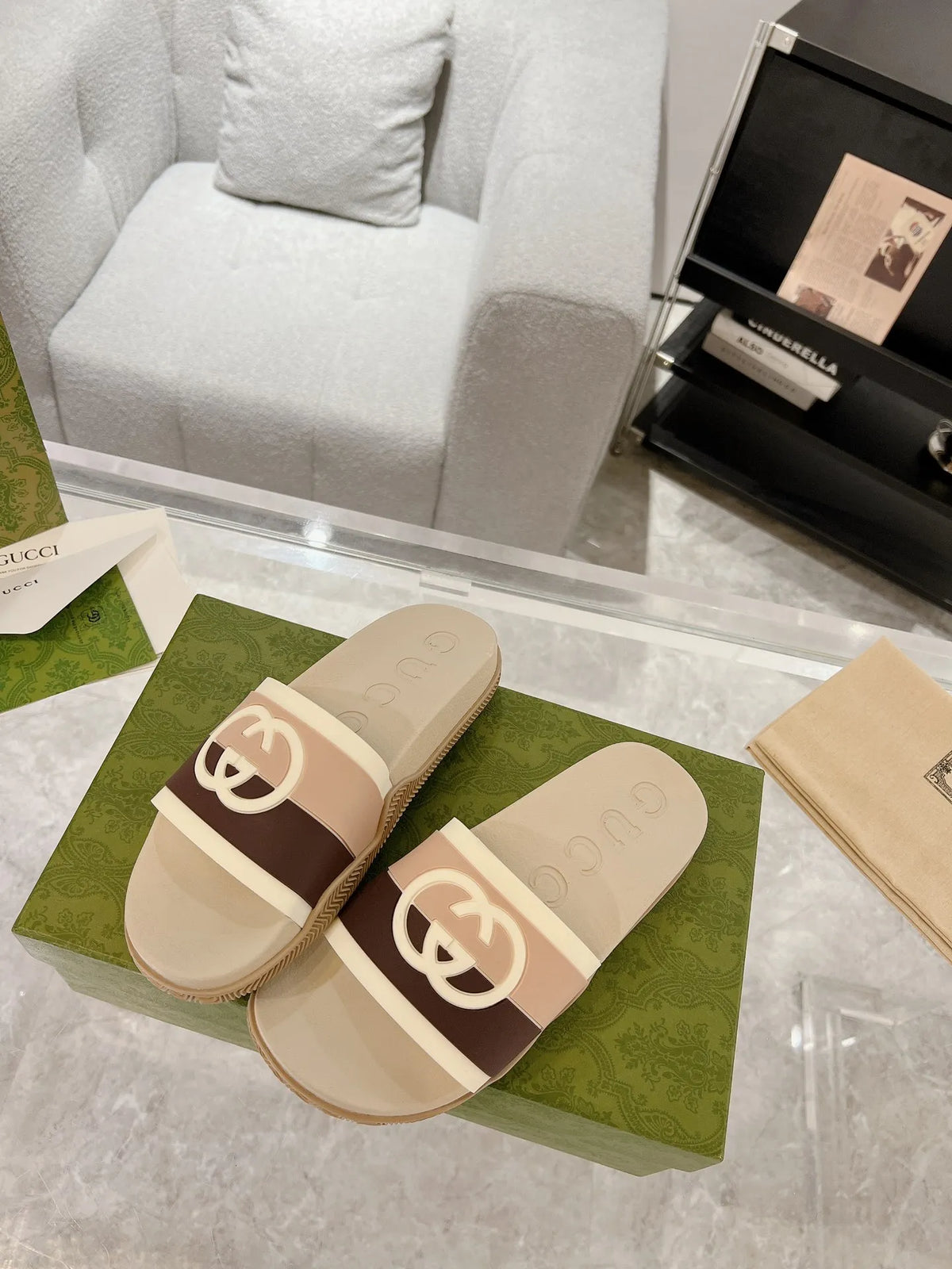 Gucci GG Beige Brown White Slides