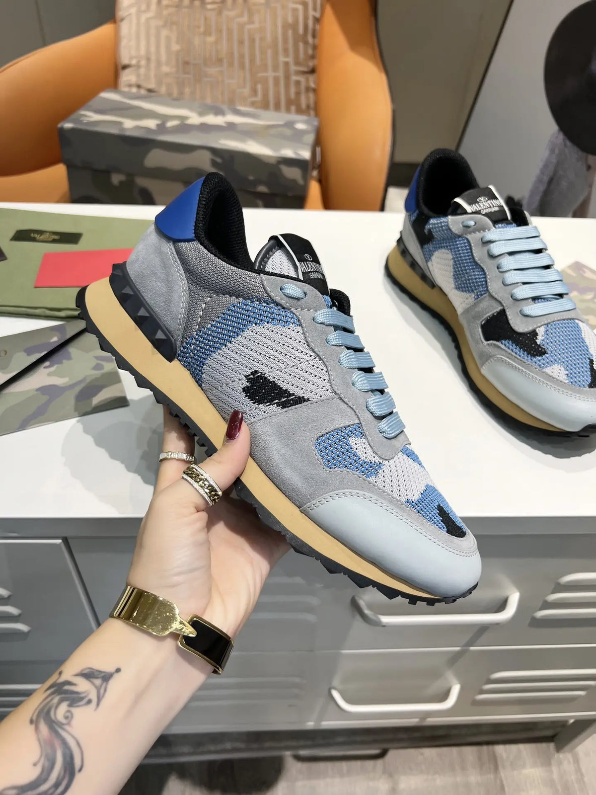Valentino Garavani Blue Gray Camo Sneakers