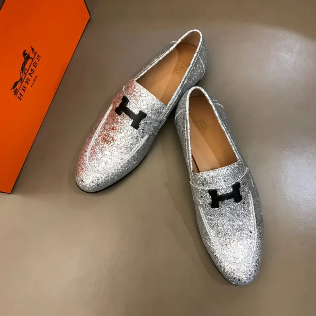 Hermes Paris H Silver Glitter Loafers