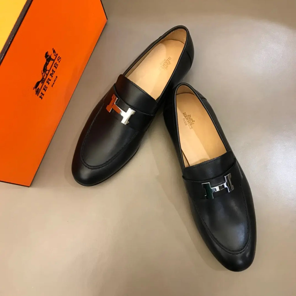 Hermès H Buckle Black Leather Loafers