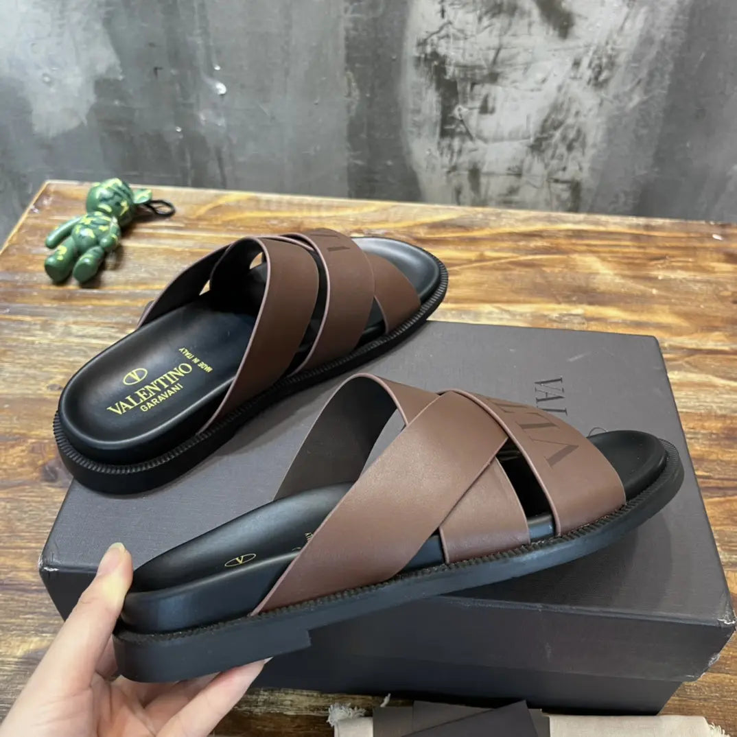 Valentino Garavani Brown Black Slide Sandals