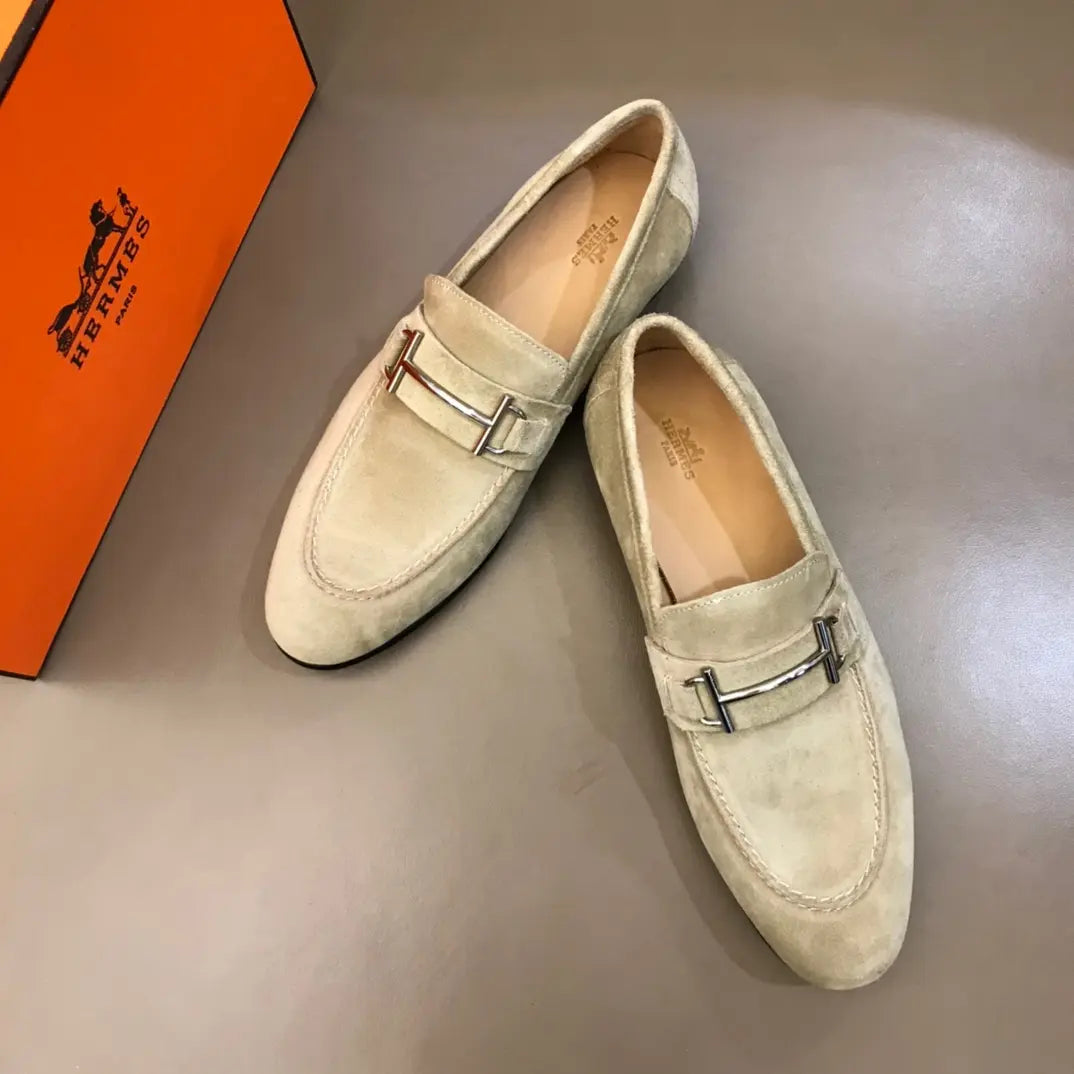 Hermes Light Beige Suede Buckle Loafers