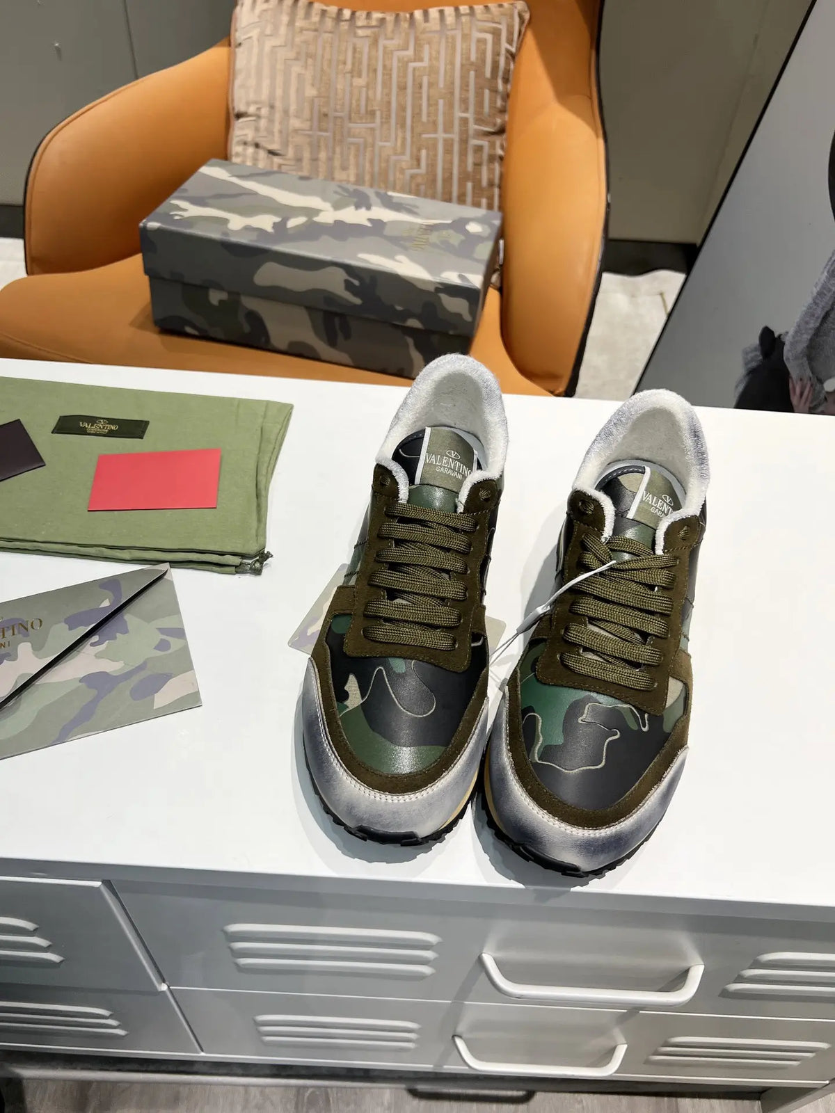 Valentino Rockrunner Green Camo Red Sneakers
