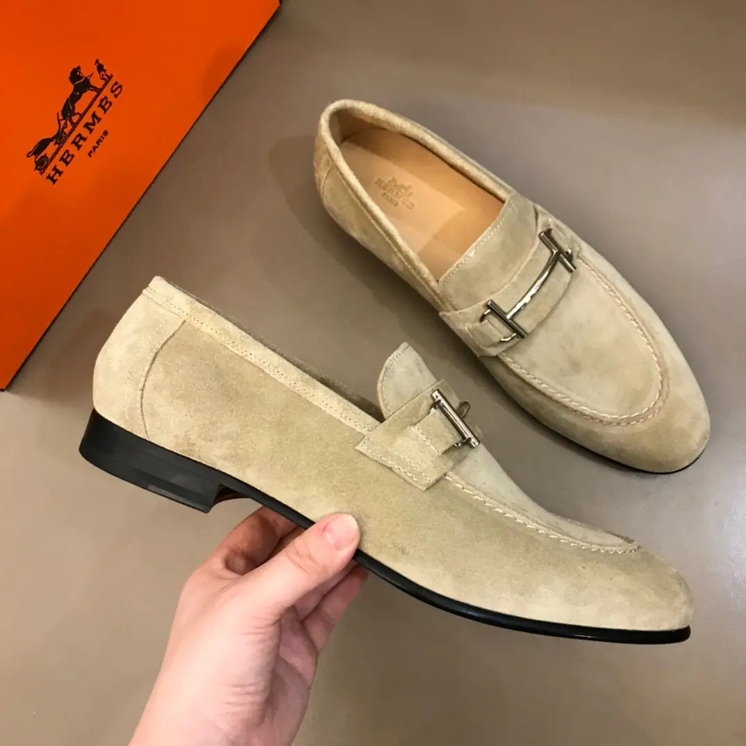 Hermes Light Beige Suede Buckle Loafers