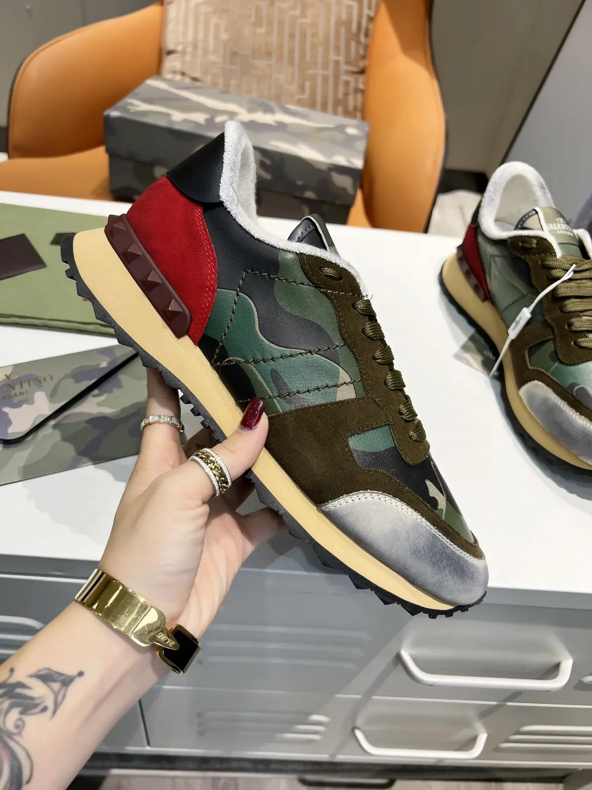 Valentino Rockrunner Green Camo Red Sneakers