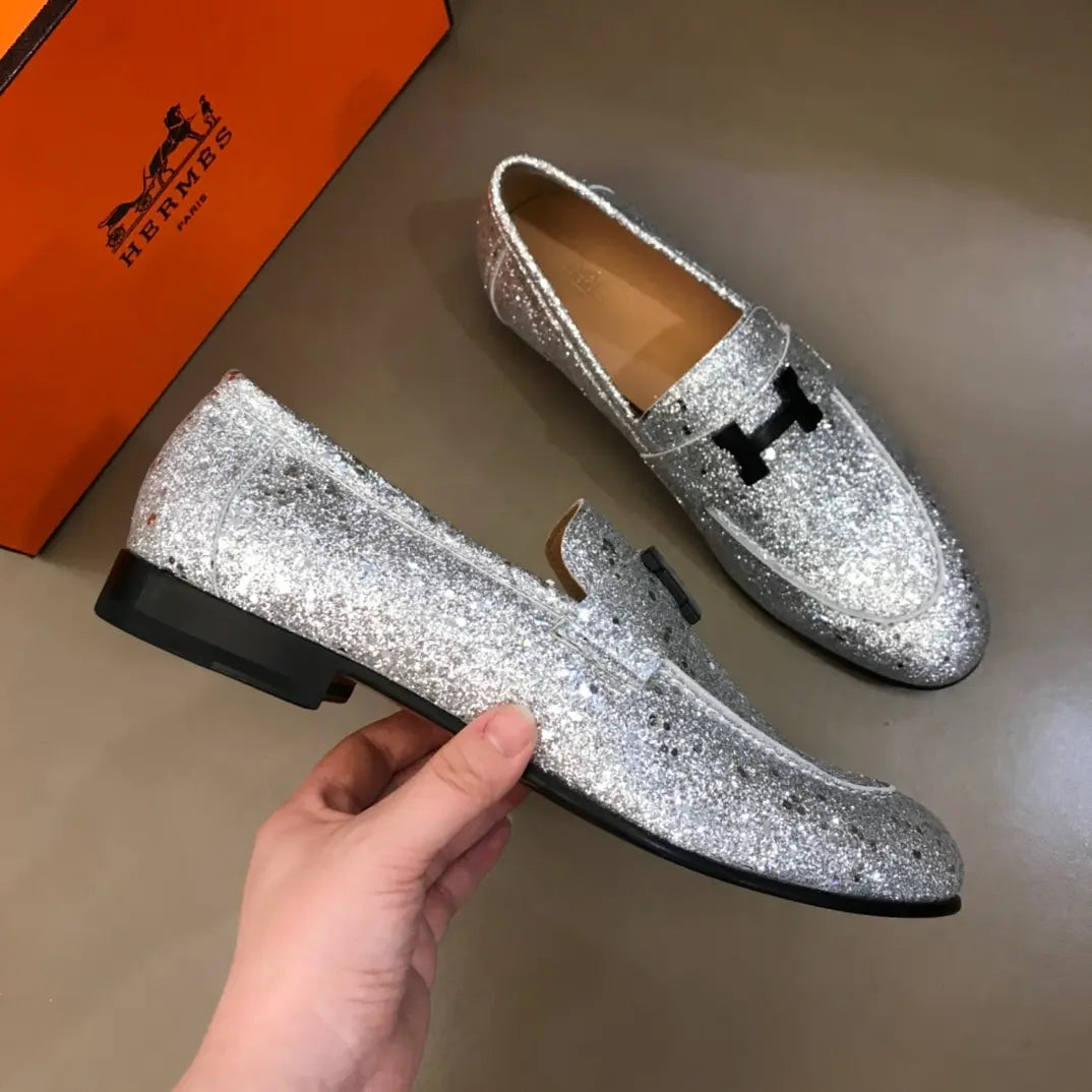Hermes Paris H Silver Glitter Loafers