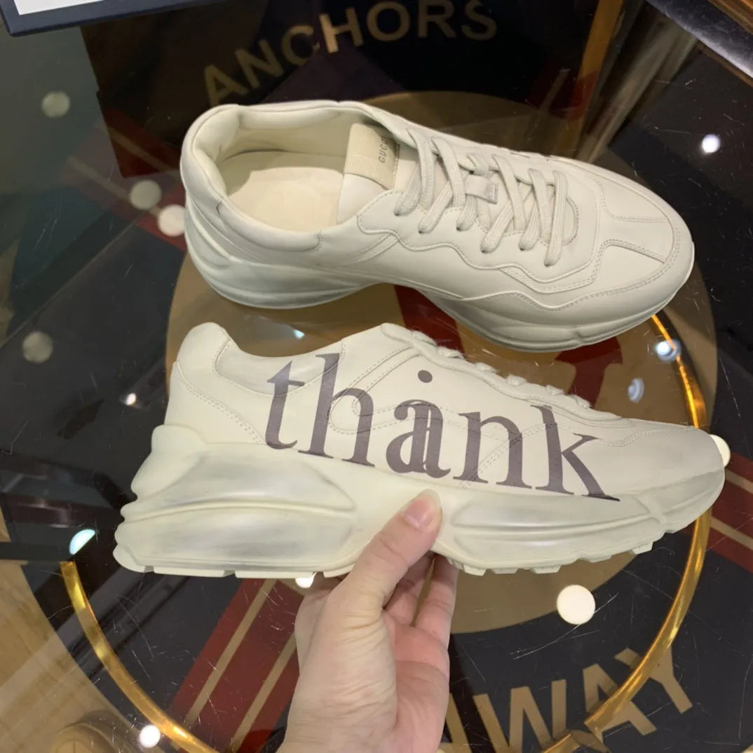 Thank Text White Cream Beige Sneakers