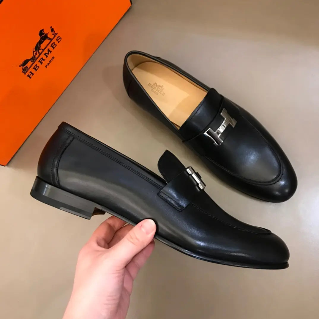Hermès H Buckle Black Leather Loafers