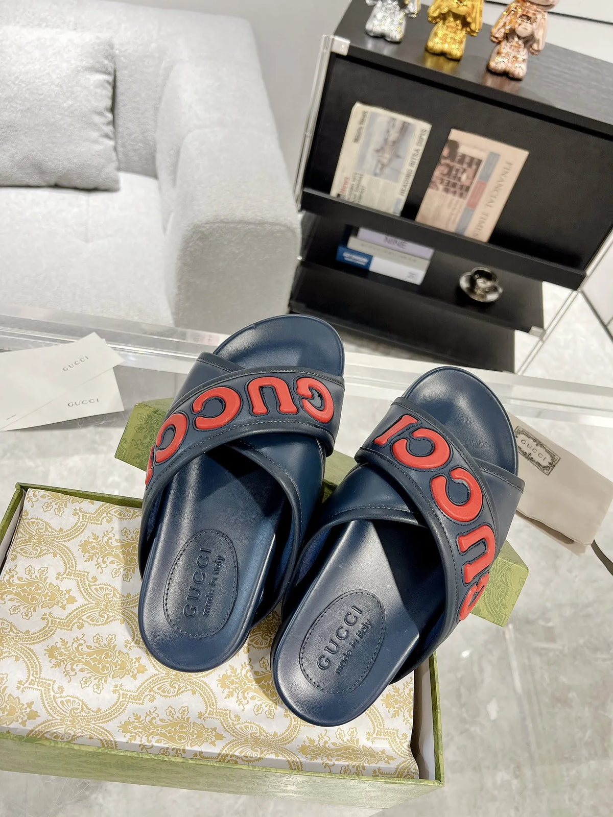 Gucci Blue Red Logo Print Slides