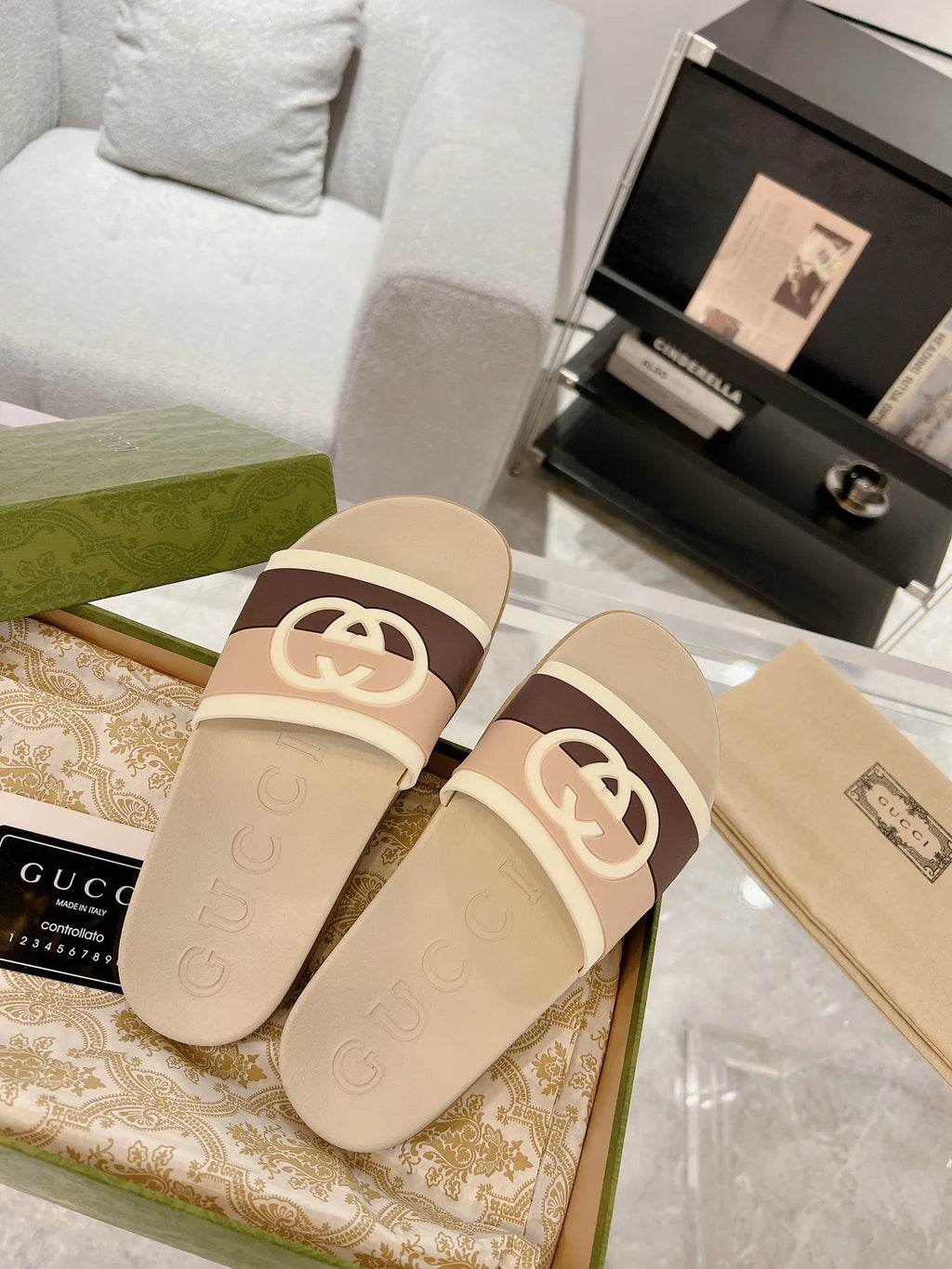 Gucci GG Beige Brown White Slides