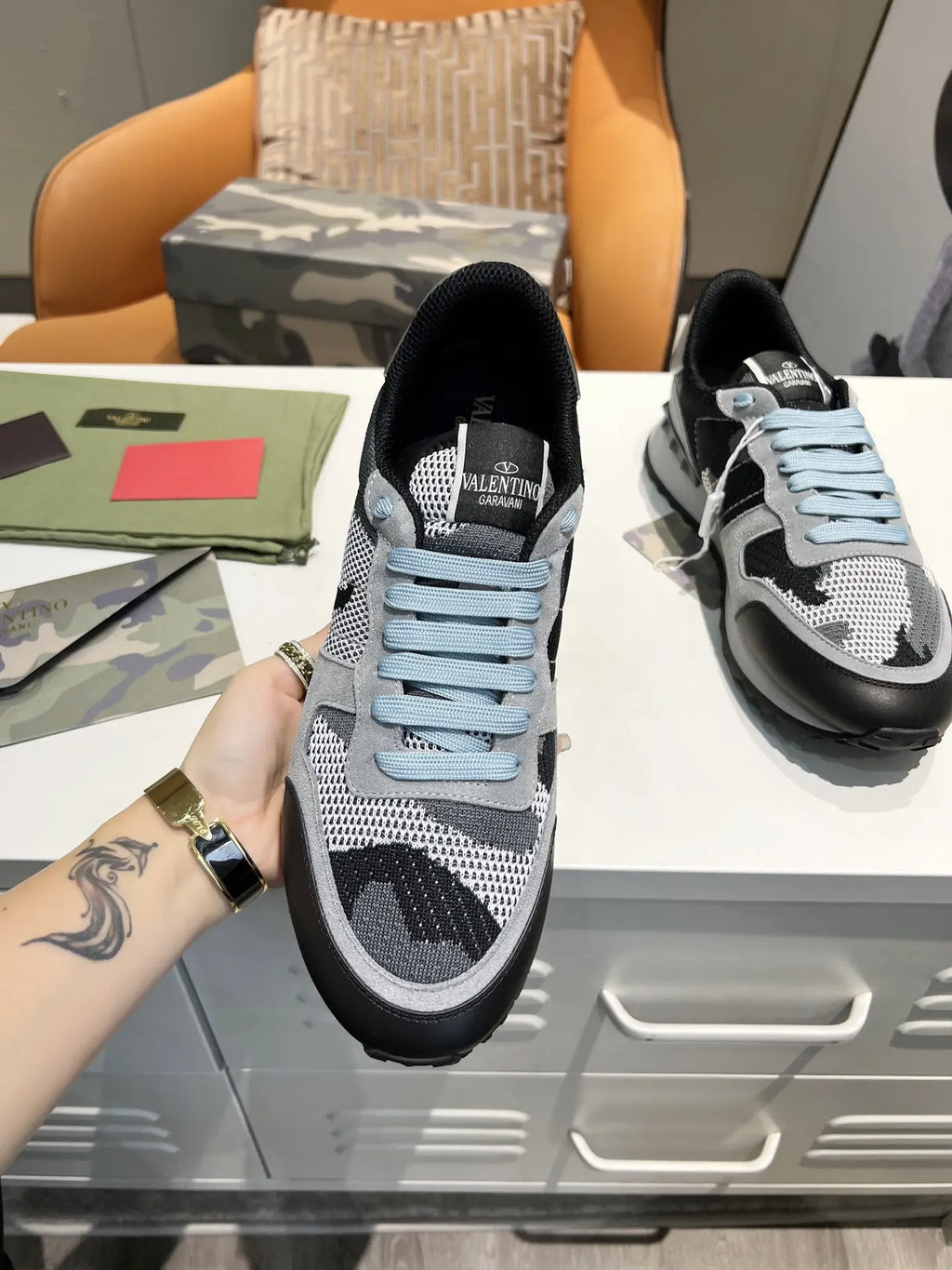 Valentino Rockrunner Grey Black Camouflage Sneakers