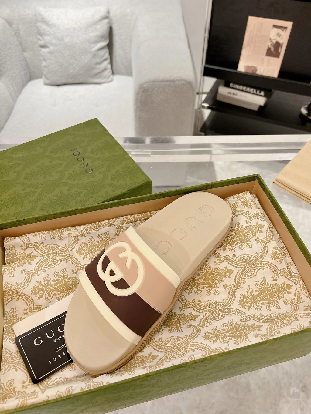 Gucci GG Beige Brown White Slides