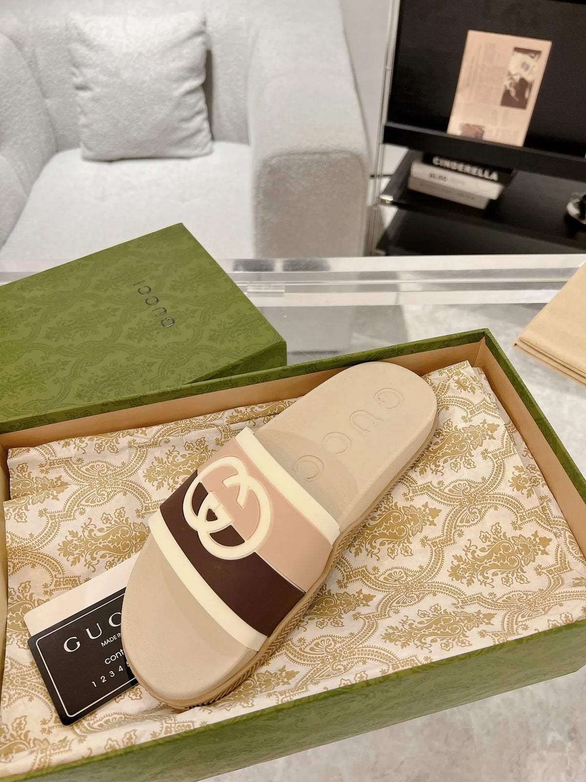 Gucci GG Beige Brown White Slides