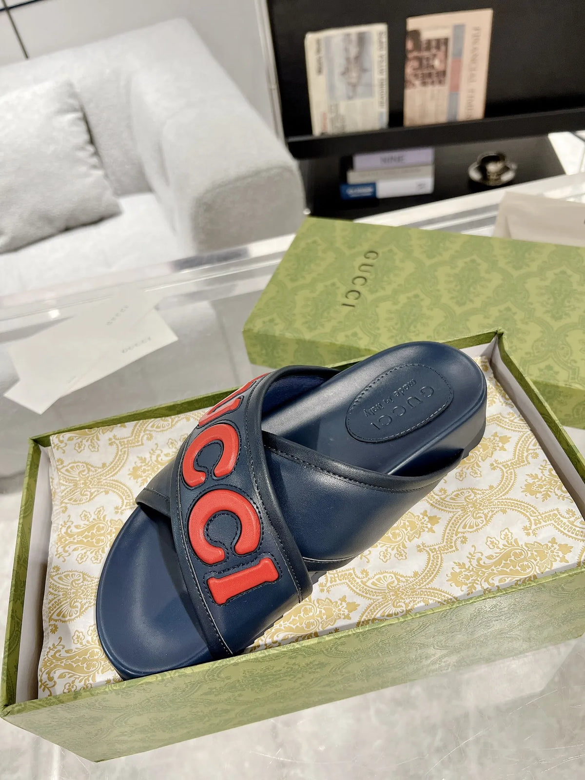 Gucci Blue Red Logo Print Slides