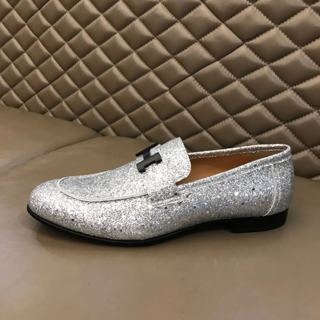 Hermes Paris H Silver Glitter Loafers