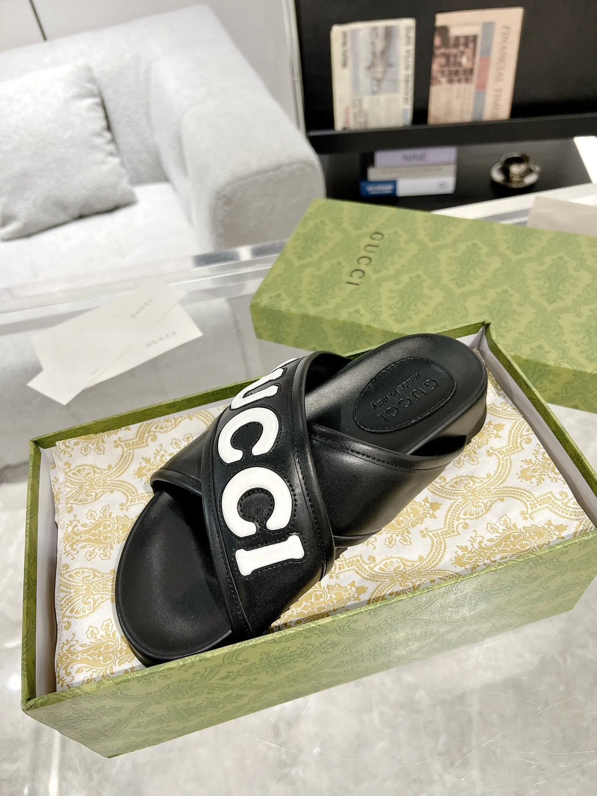 Gucci Logo Black White Slides