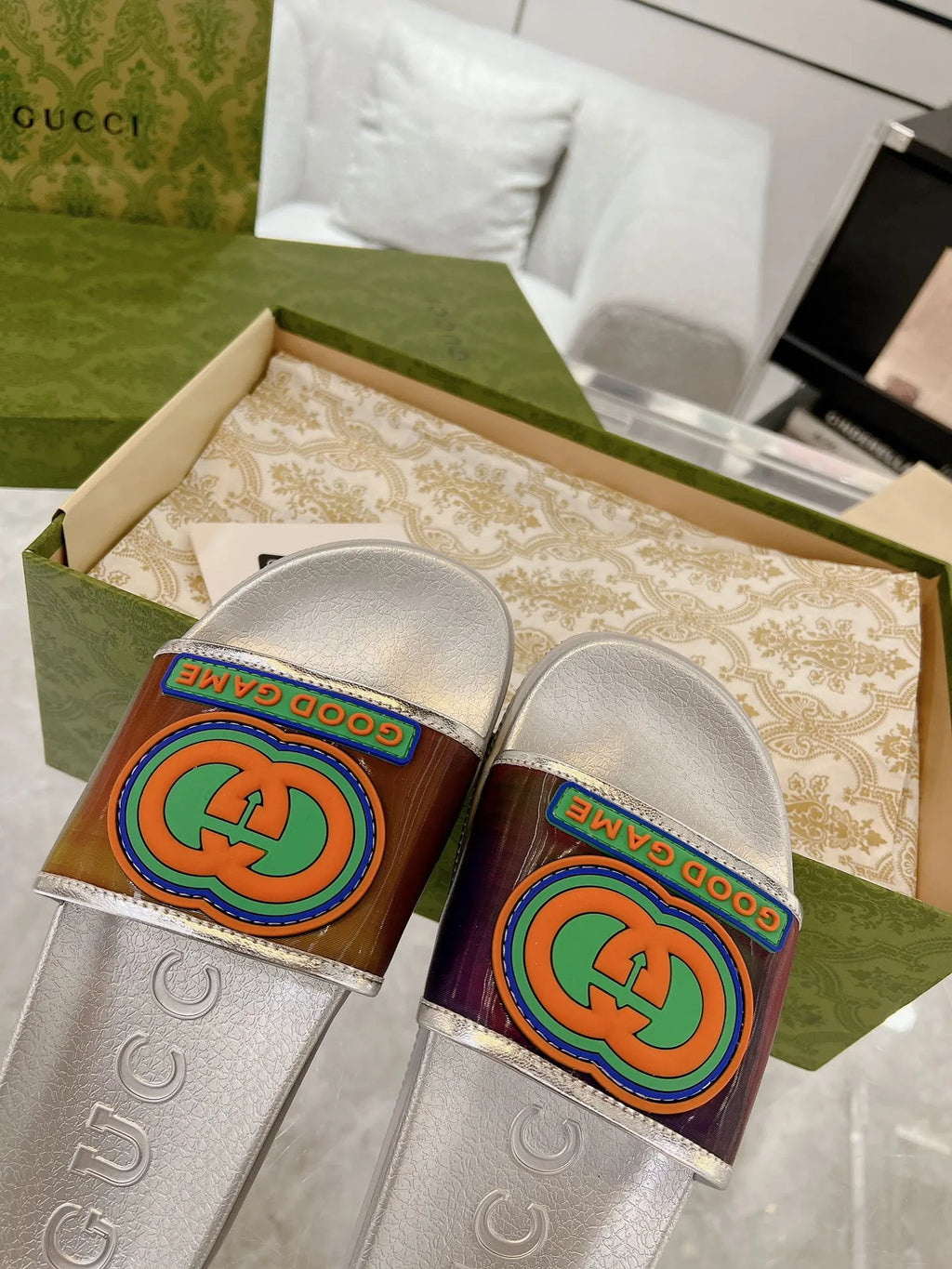 Gucci GG White Green Red Slides