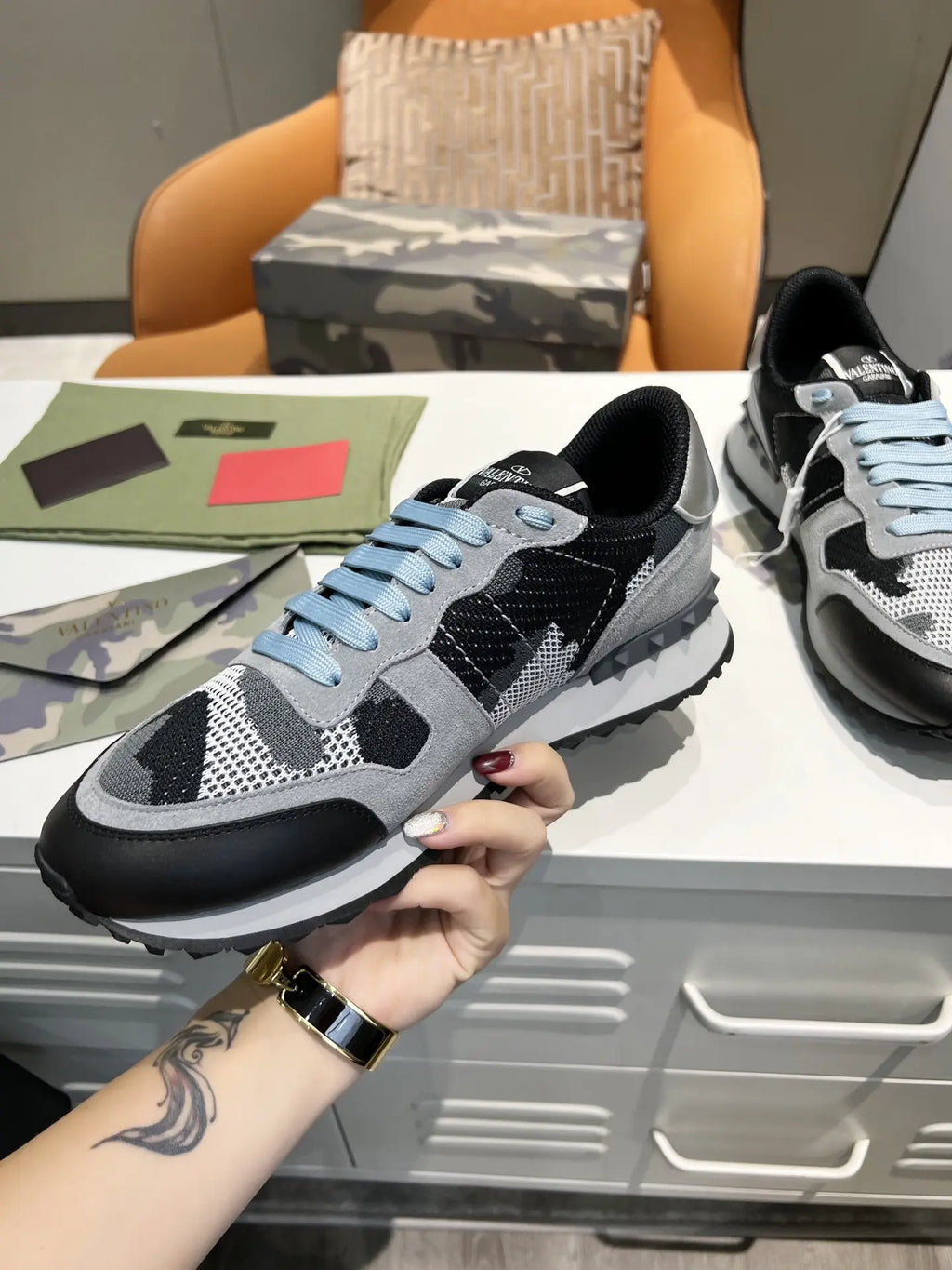 Valentino Rockrunner Grey Black Camouflage Sneakers