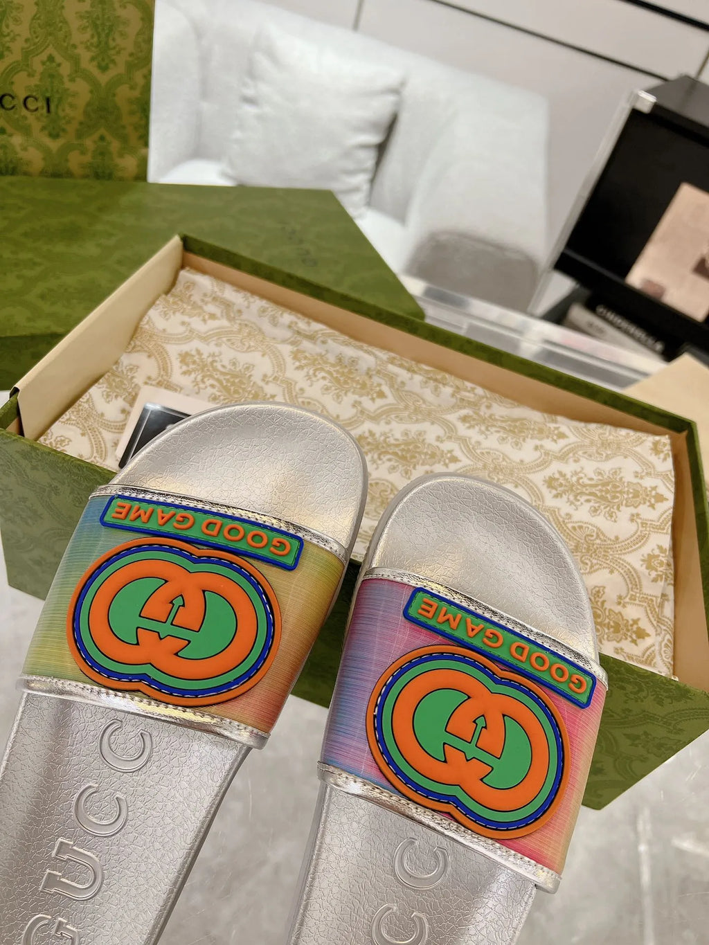 Gucci GG Pink Blue Green White Slides