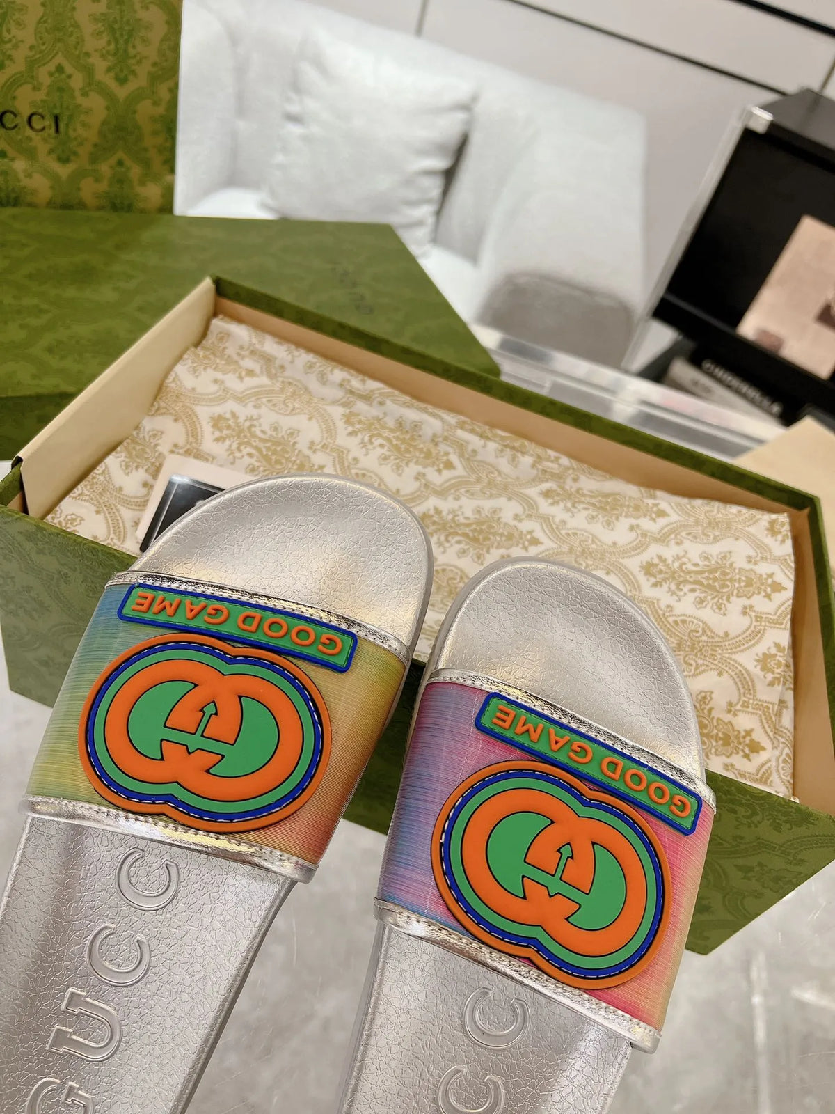 Gucci GG Pink Blue Green White Slides