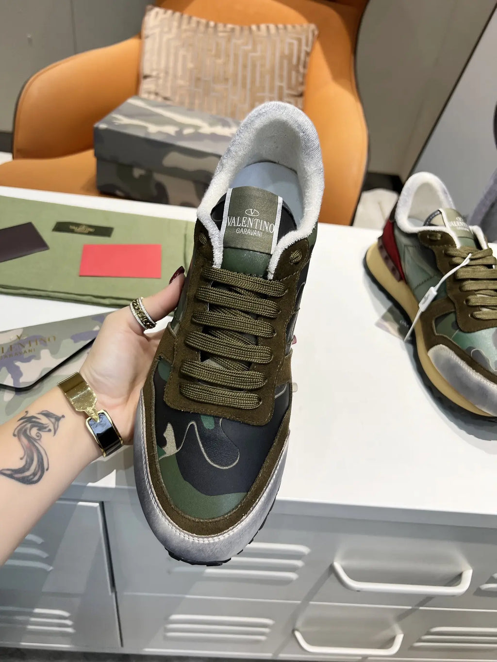 Valentino Rockrunner Green Camo Red Sneakers