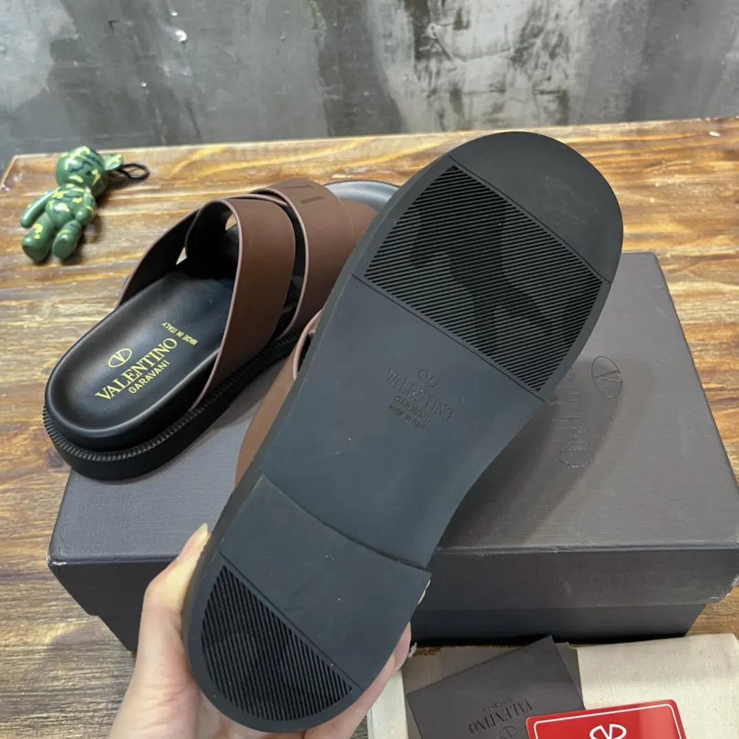 Valentino Garavani Brown Black Slide Sandals