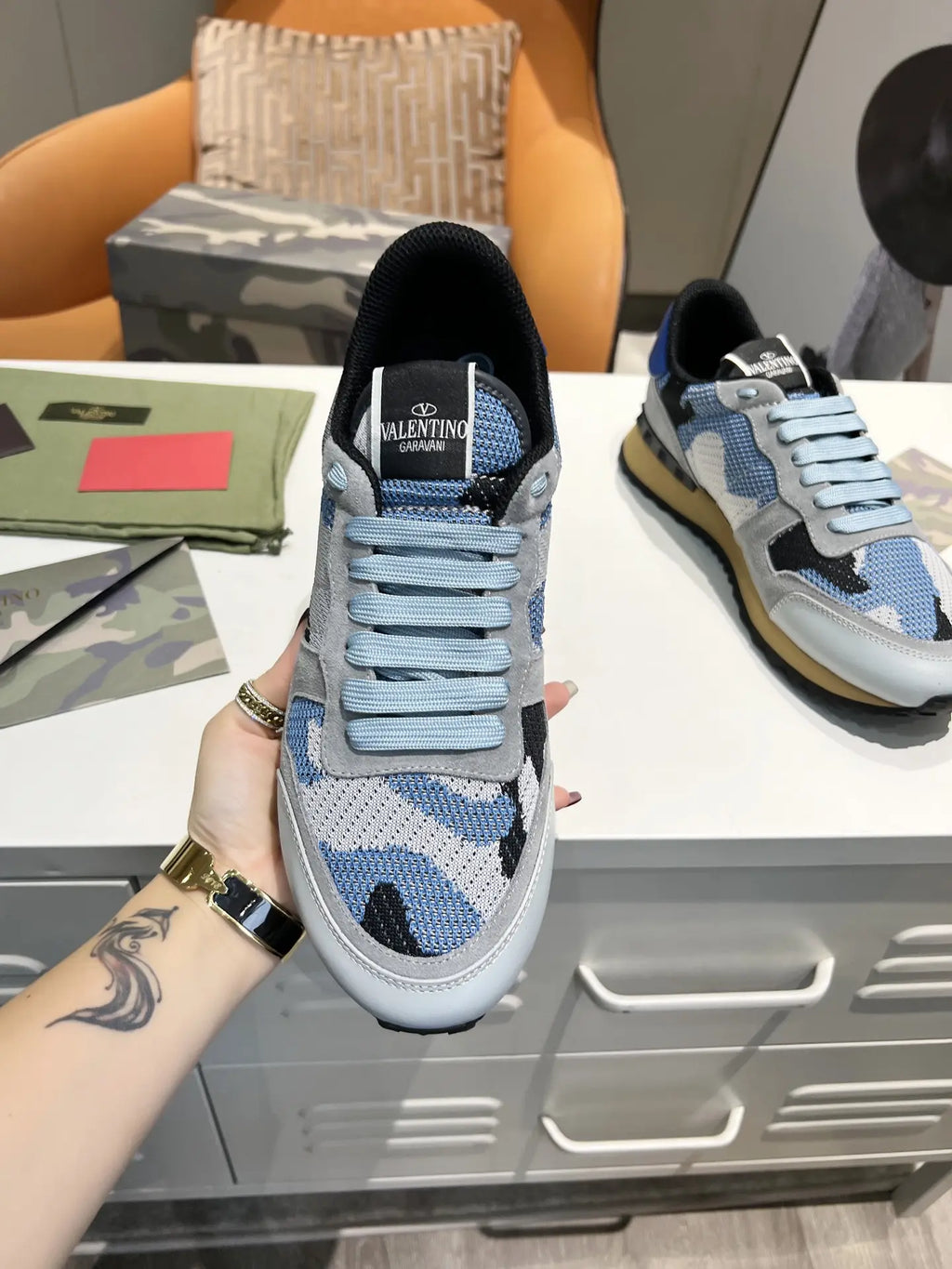 Valentino Garavani Blue Gray Camo Sneakers