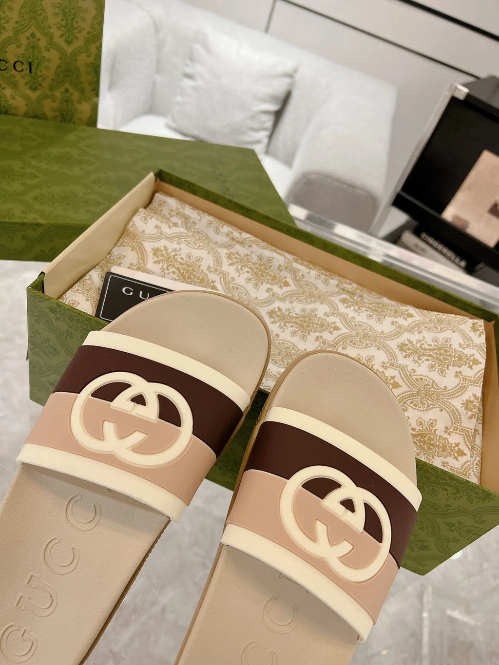 Gucci GG Beige Brown White Slides