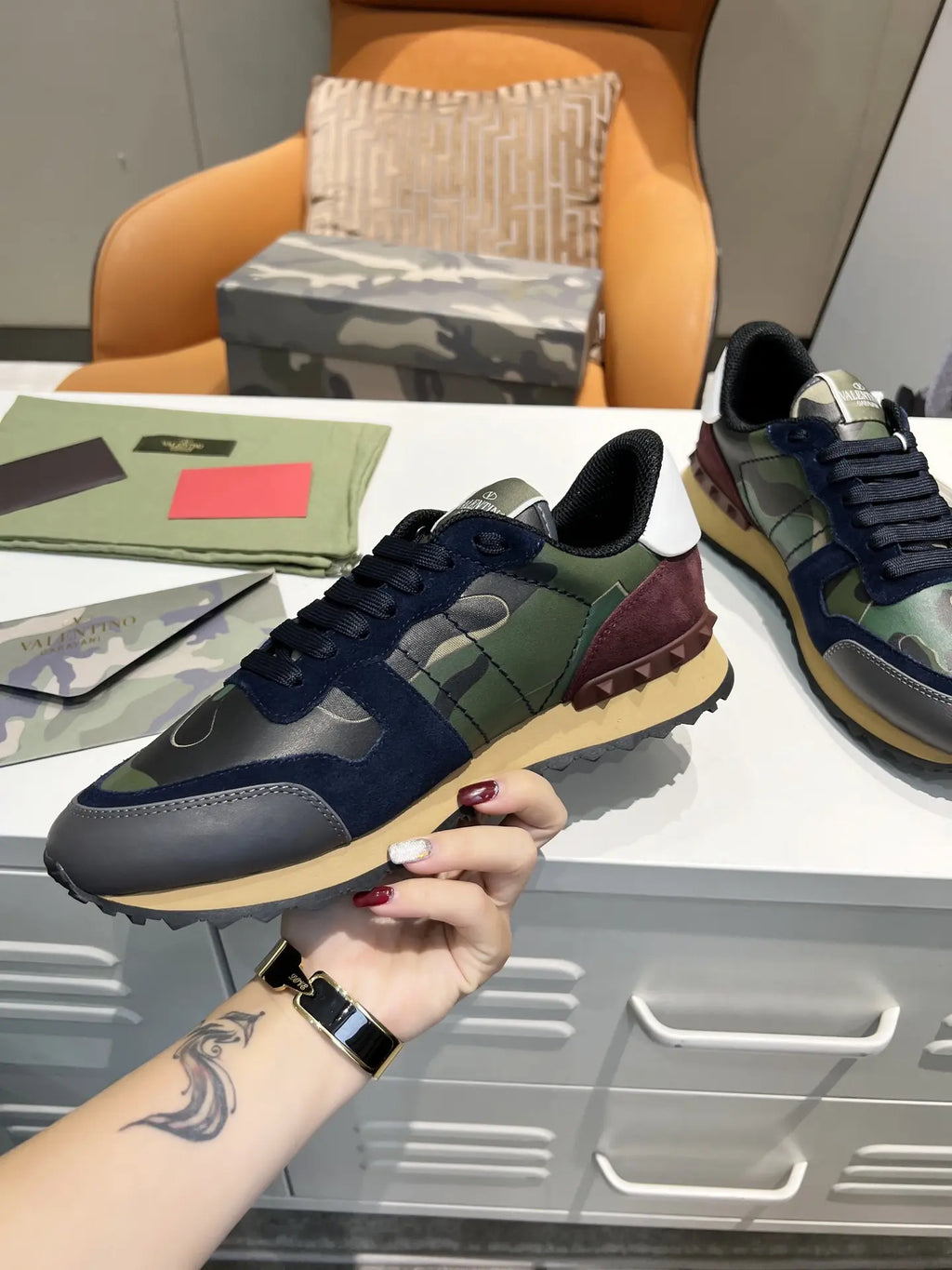 Valentino Garavani Camo Green Navy Burgundy Sneakers