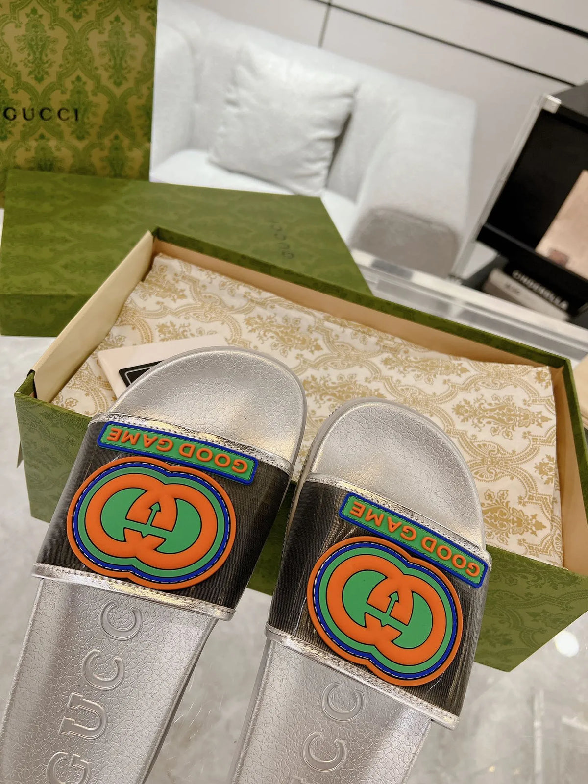 Gucci GG Interlocking Logo White Slides