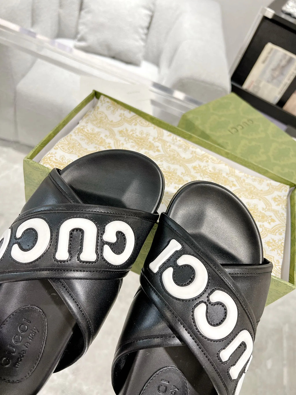 Gucci Logo Black White Slides