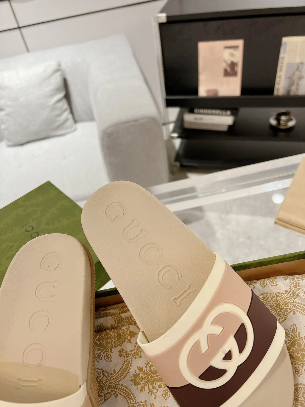 Gucci GG Beige Brown White Slides