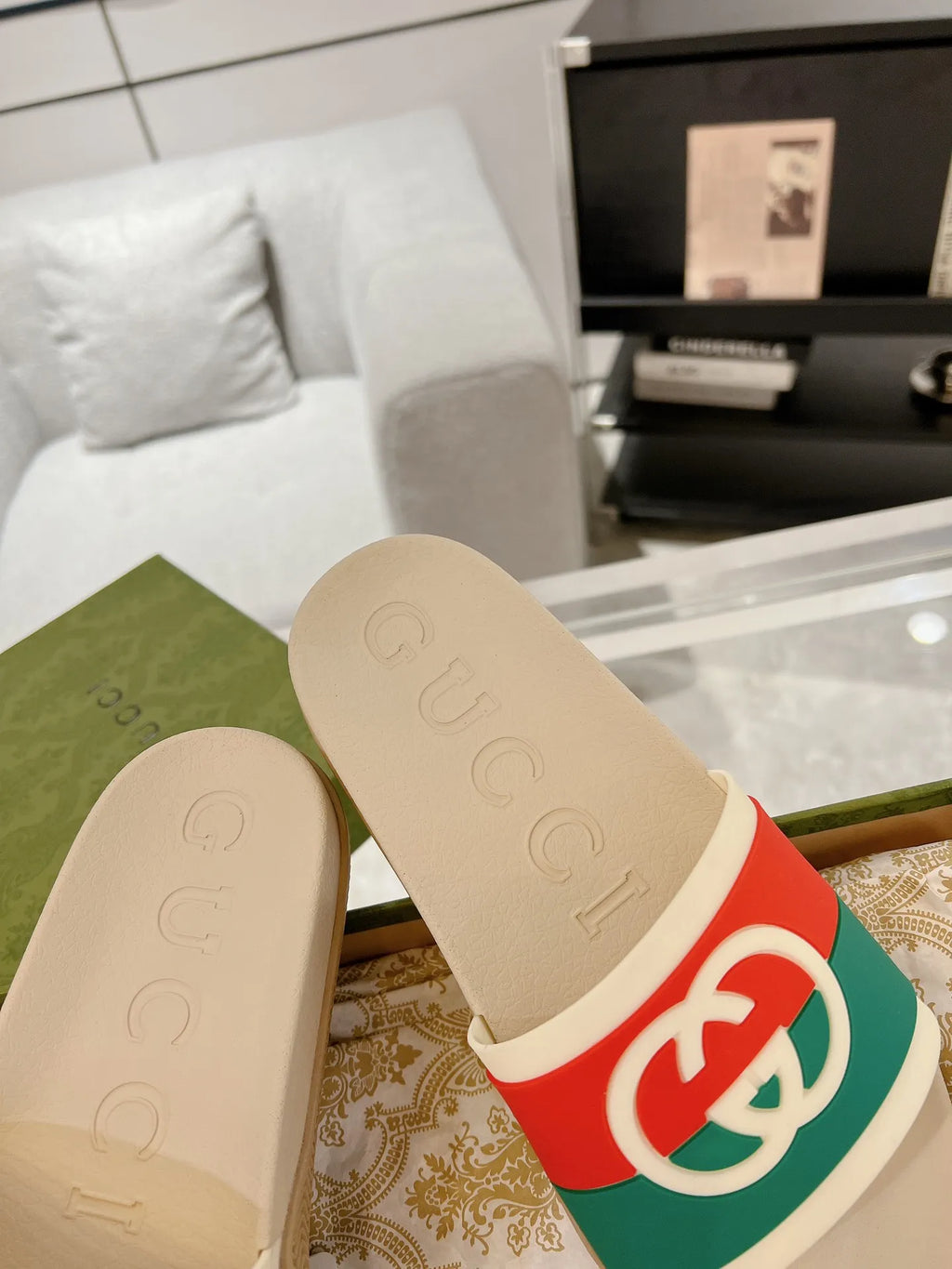Gucci GG Beige Red Green Slides